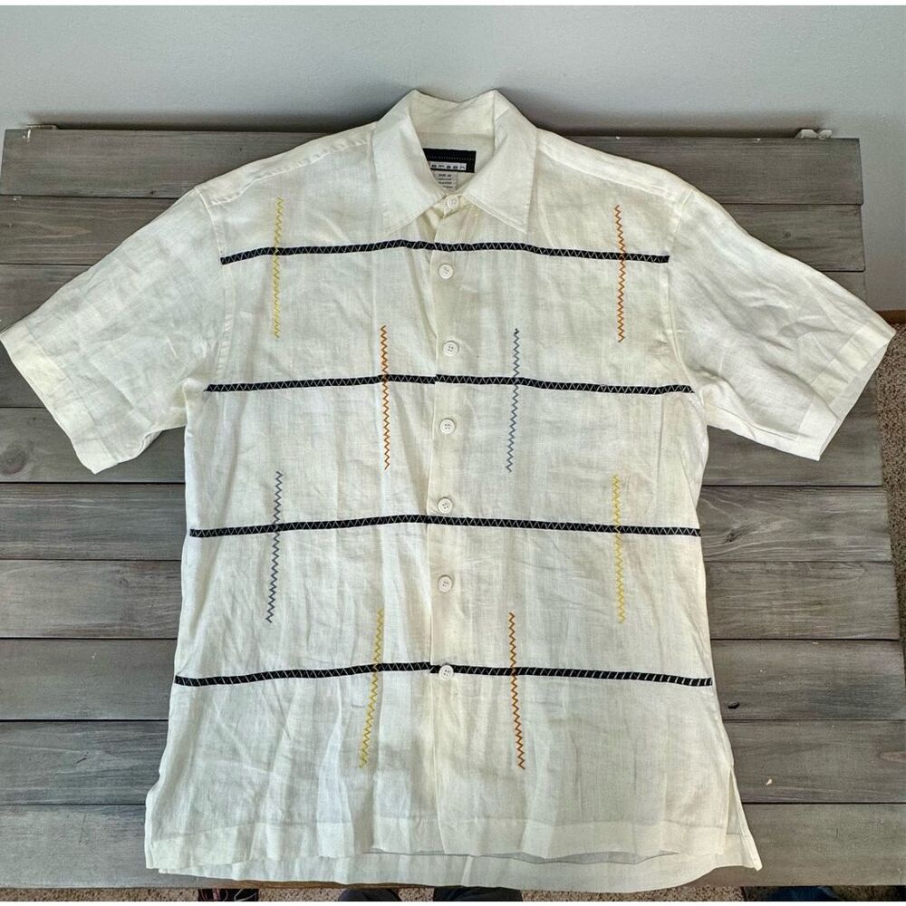 100% Linen Smash Cream Button Up‎ Short Casual Sleeve Men’s Shirt
